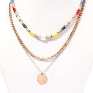 Vintage Boho Layered Beaded and Metal Necklace with Pendant